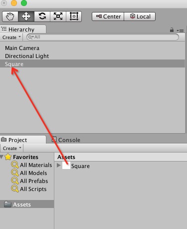 将Square拖动至Hierarchy